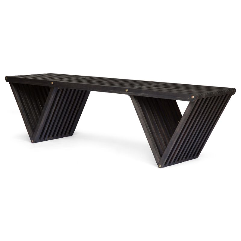 Riah Outdoor Bench, Angled Legs, Slatted 63 Inch Dark Gray Acacia Wood - Benzara