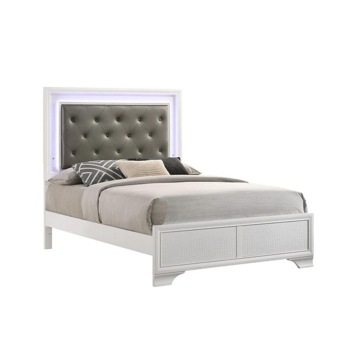 Benjara Lise Full Size Bed, Fabric Upholstery, LED Lit, Modern Wood, White and Gray