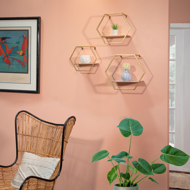 Hexagon Wall Shelves, Gold Set of 3