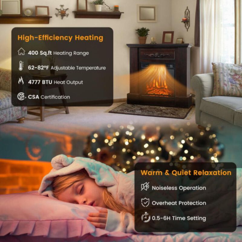 Electric Fireplace 1400W 32 Inches with Mantel and Adjustable LED Flames-Brown