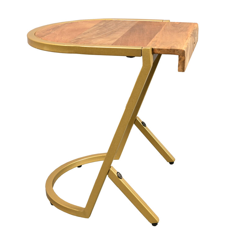 17 Inch Side End C Table, Natural Mango Wood Top with Drop Edge, Iron Gold Angled Frame - Benzara