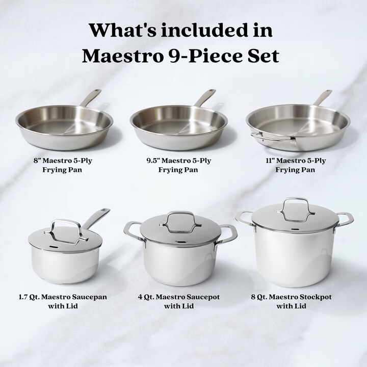 Alva Maestro 9-Piece Professional Stainless Steel Cookware Set - Non-Toxic, PFAS/PFOA/PTFE-Free Pots and Pans - Induction & All Stovetop Compatible - Oven Safe with Stay-Cool Handles