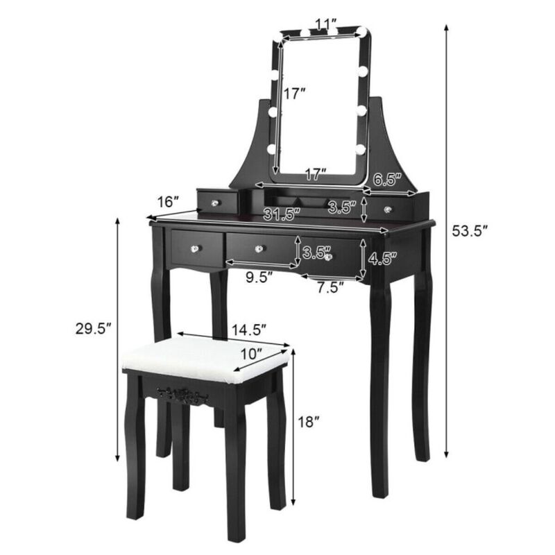 Hivvago 10 Dimmable Light Bulbs Vanity Dressing Table with 2 Dividers and Cushioned Stool-Black