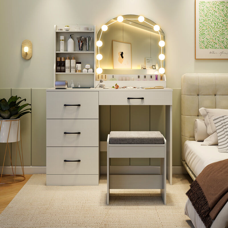 Makeup Vanity Desk Dressing Table and Stool Set with Mirror and Lights