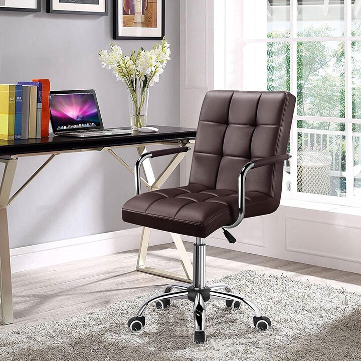 Hivvago Dark Brown Modern Faux Leather Mid-Back Office Chair with Armrests and Wheels