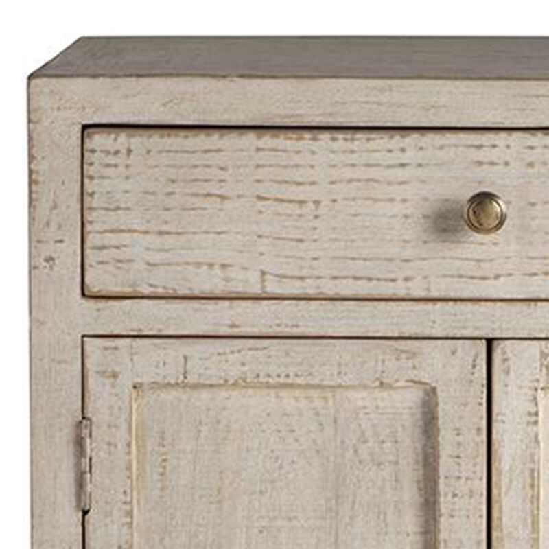 Lia Small Accent Cabinet, 2 Door, Drawer, Antique Style Whitewash Wood - Benzara