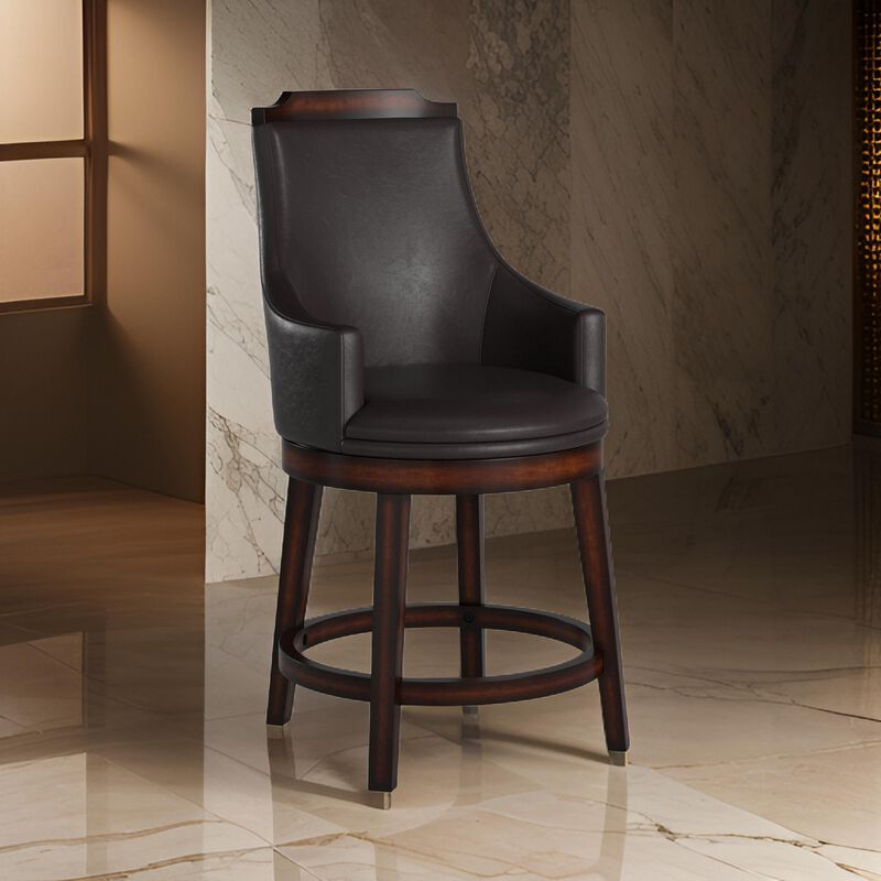 Wood & Leather Counter Height Chair with Swivel Mechanism, Brown & Black, Set of 2-Benzara