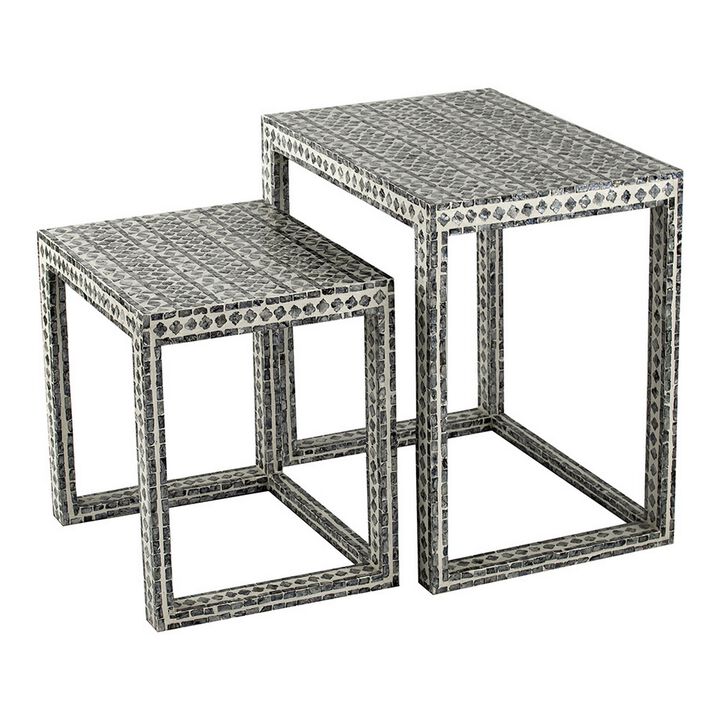 Set of 2 Nesting Side End Tables, Capiz Inlaid Design, Gray and White - Benzara