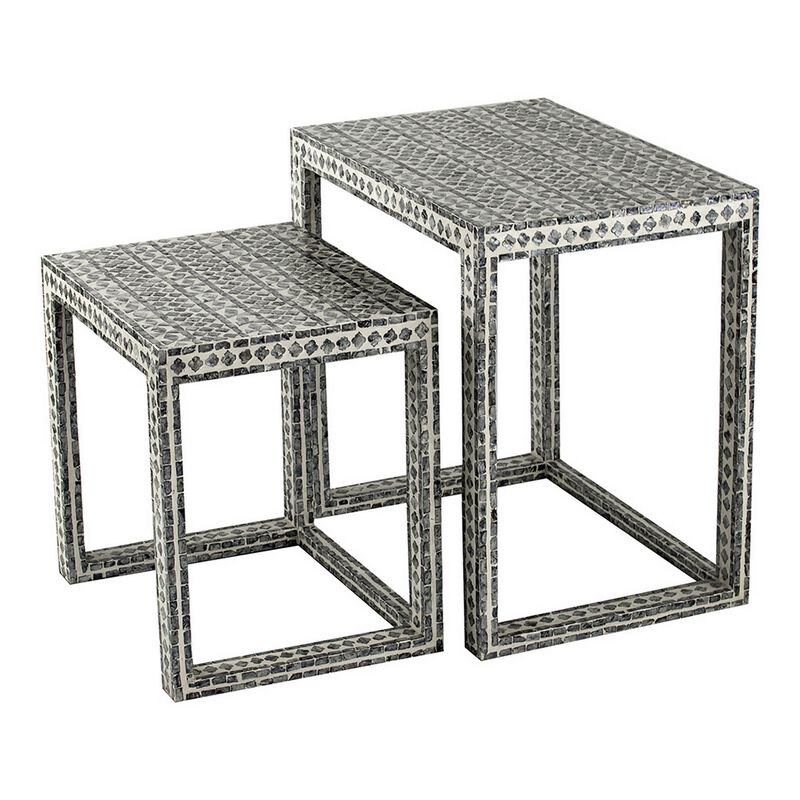 Set of 2 Nesting Side End Tables, Capiz Inlaid Design, Gray and White - Benzara
