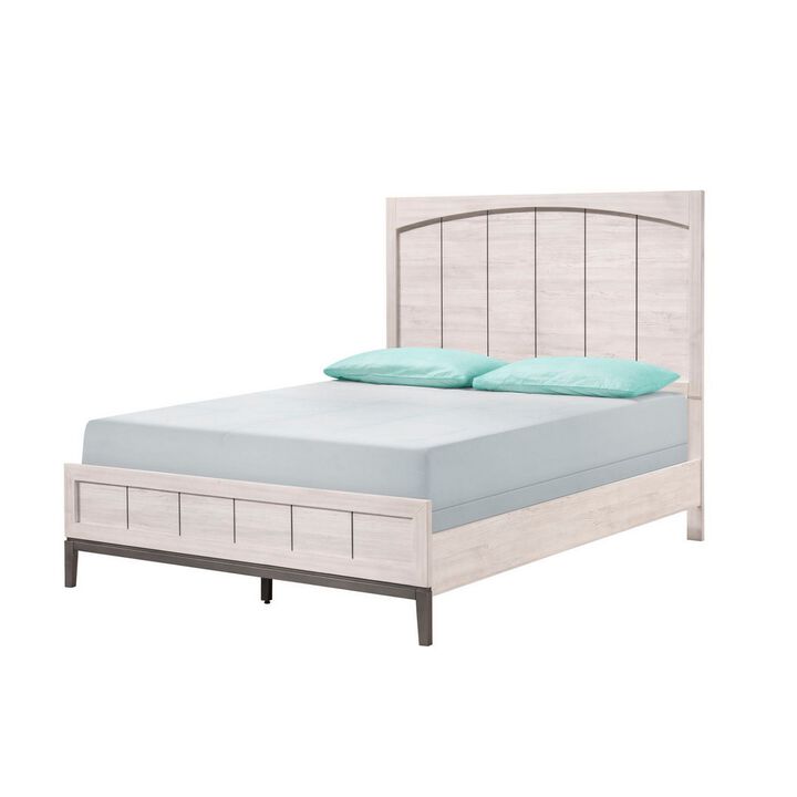 Benjara Vice Queen Size Bed, Panel Headboard Design, Washed Wood, Light Brown and Gray