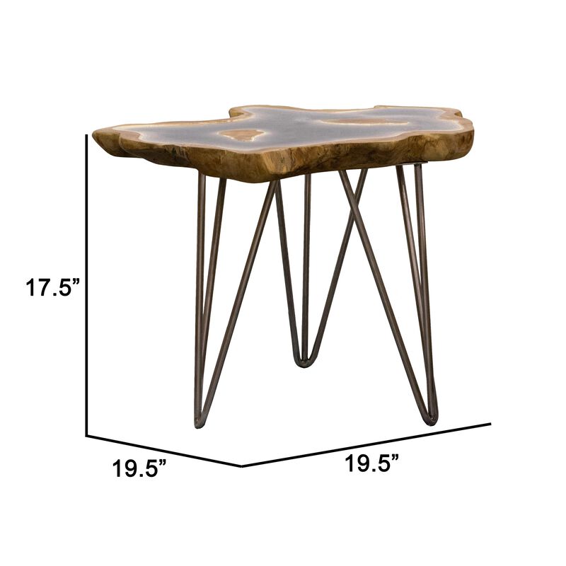 20 Inch Side Accent Table, Natural Edges, Hairpin Legs, Gray Resin, Brown - Benzara