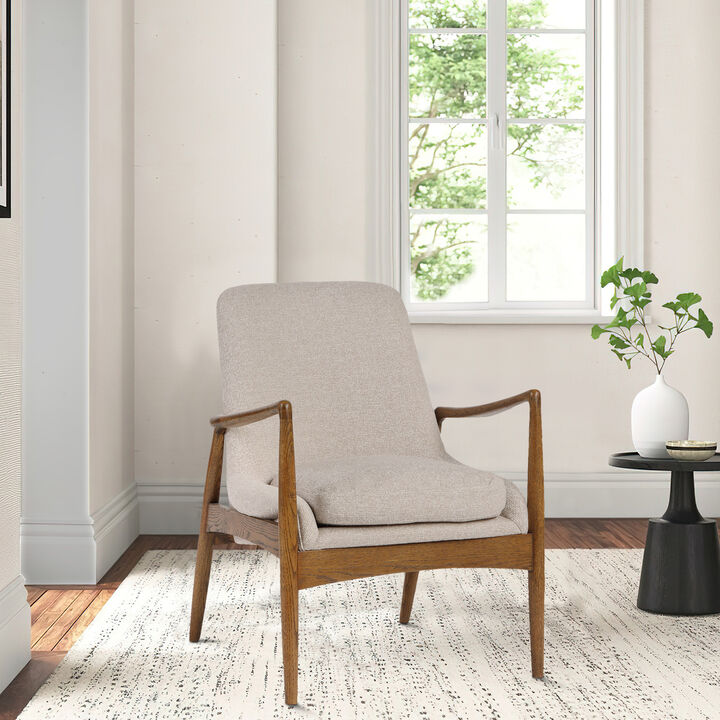 28 Inch Fabric Upholstered Accent Armchair, Birch Wood, Off White, Brown - Benzara