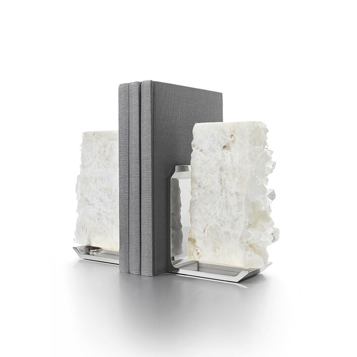 Fim Bookends, Crystal Quartz & Silver, Set of 2