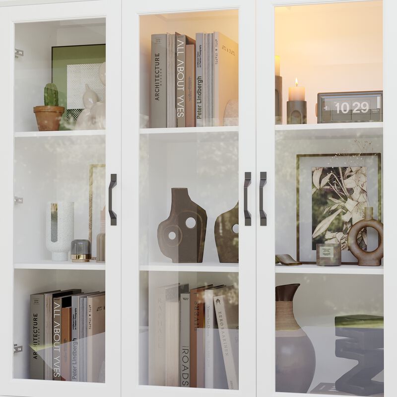 FUFU&GAGA Bookcase with Glass Doors, Drawers, and Storage Cabinets (47.2" W x 15.7" D x 78.7" H) White
