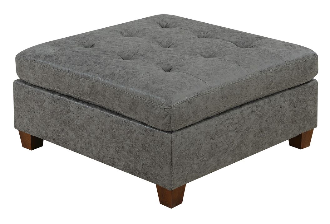 Tufted Cocktail Ottoman Antique Grey Breathable Leatherette 1 Piece Cushion Ottoman Seat Wooden Legs