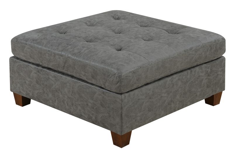 Tufted Cocktail Ottoman Antique Grey Breathable Leatherette 1 Piece Cushion Ottoman Seat Wooden Legs