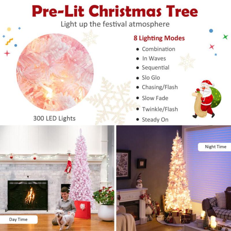 Hivvago 7 Feet Pre-Lit Snow Flocked Hinged Pencil Christmas Tree with 300 Lights and 8 Modes