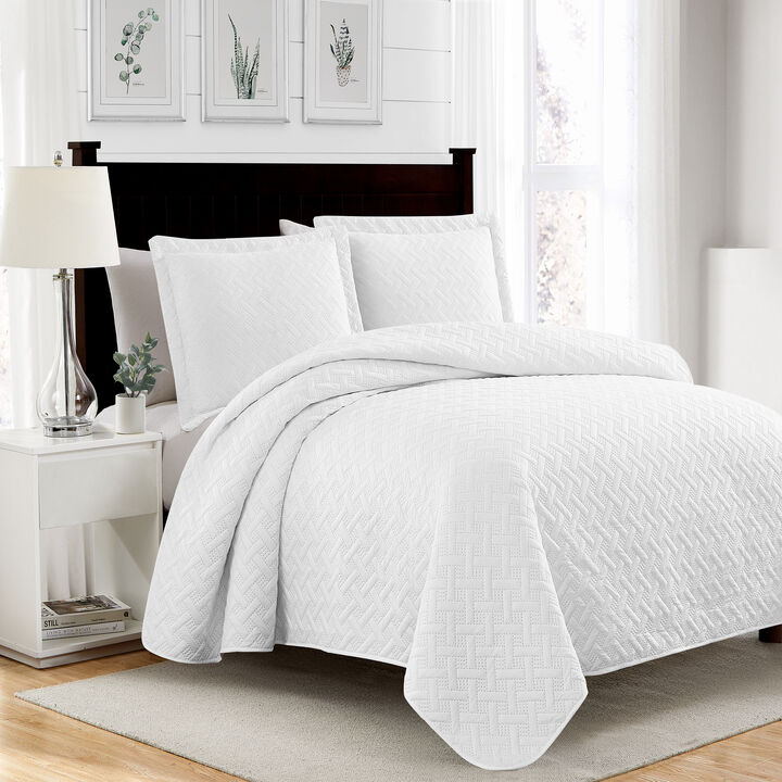 RT Designers Collection Bella 3pc Pinsonic Premium Quality All Year Round Quilt Set for Revitalize Bedroom Queen White