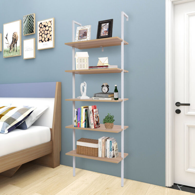 Industrial 5-Tier Ladder Shelf with Wood Shelves and Sturdy Metal Frame