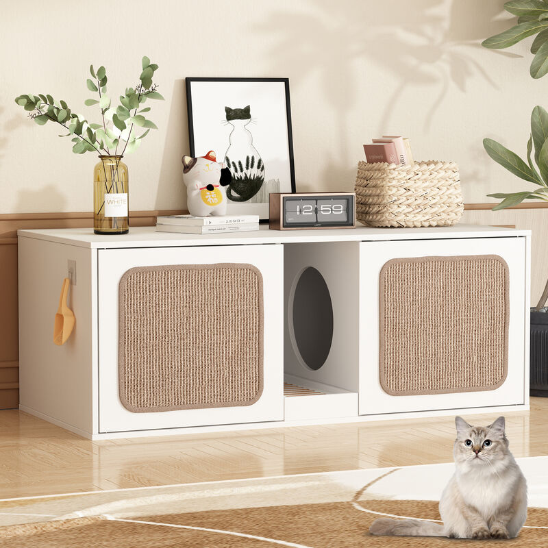 Litter Box Enclosure With 2 Sisal Doors, Indoor Wood Stackable Cat Washroom Storage Cabinet Bench End Table Furniture