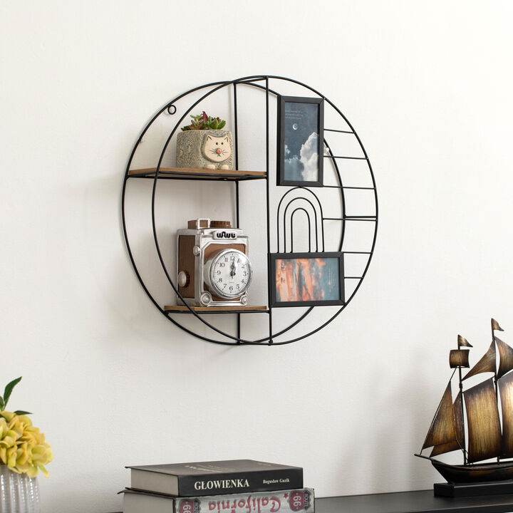 Vintiquewise 2-Tier Decorative Floating Circular Silhouette Wall Shelf with 2 Photo Frames - Circular Metal and Wood Wall-Mounted Shelf for Entryway, Bathroom, Bedroom, and Living Room Decor, Black