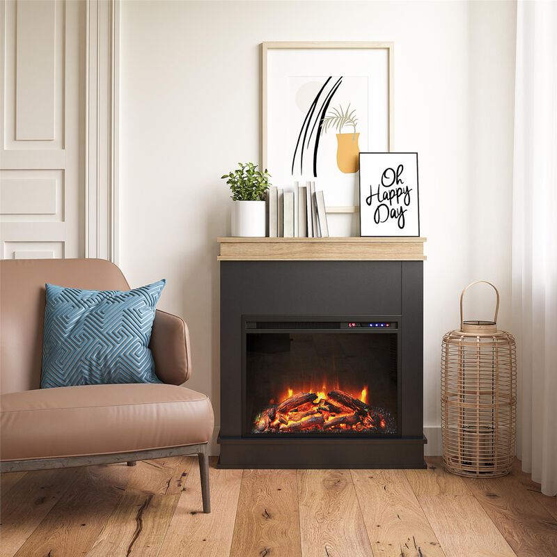 Mateo Electric Fireplace with Mantel and Touchscreen Display, Black with Natural Mantel