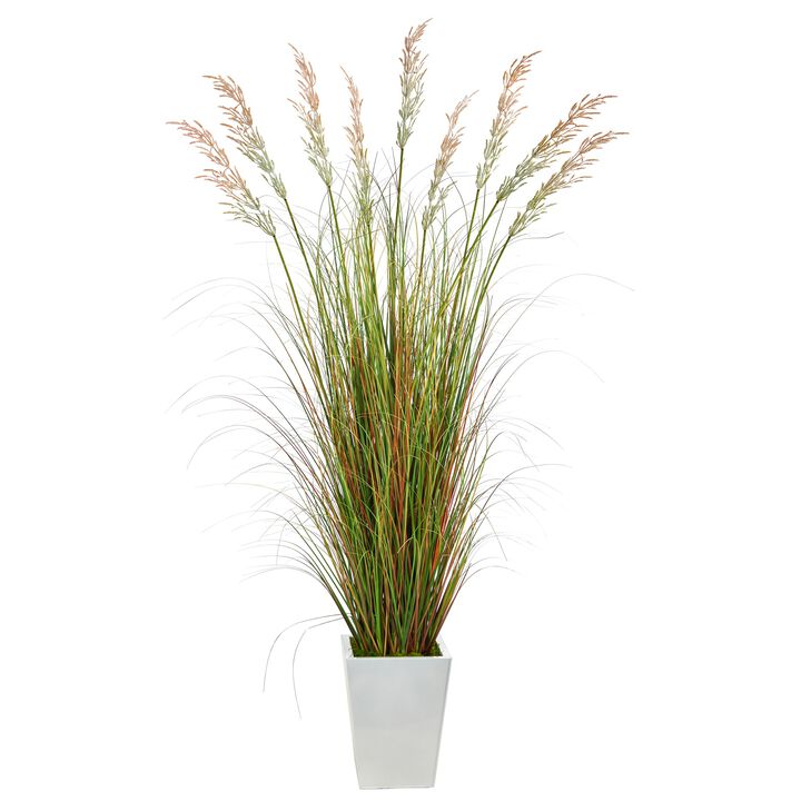 Hivvago 74" Grass Artificial Plant in White Metal Planter