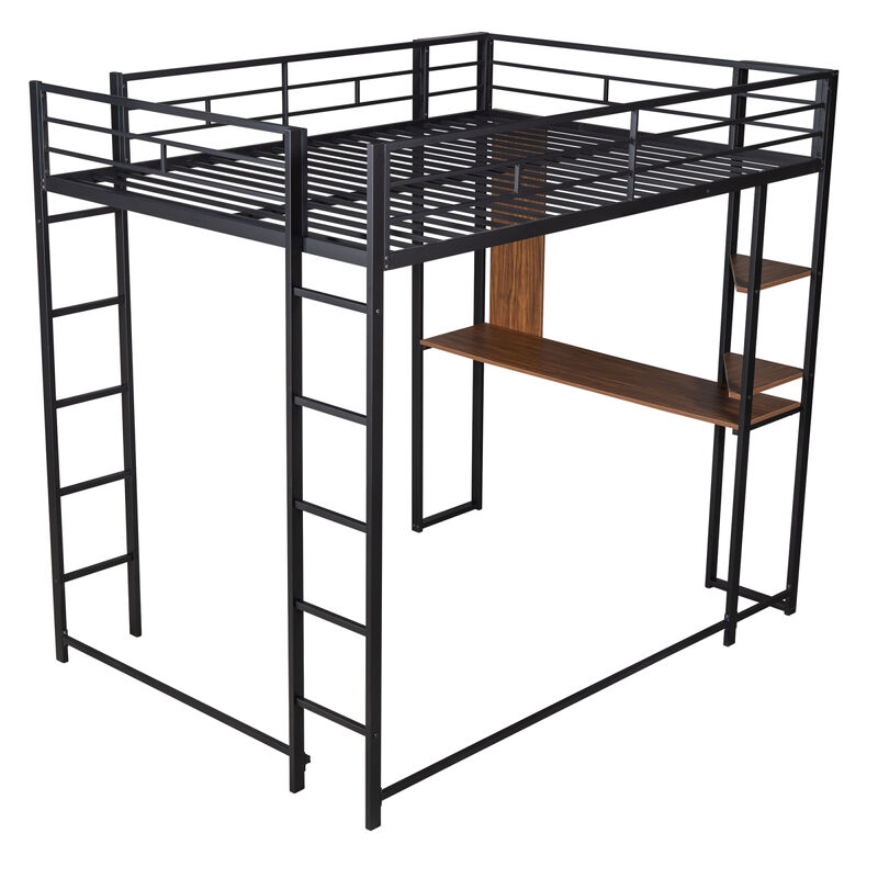 Full Size Metal Loft Bed With 2 Shelves And One Desk