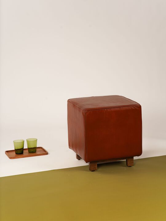 Handmade Eco-Friendly Geometric Buffalo Leather & Wood Black Square Ottomon 18"X17"X17" From BBH Homes