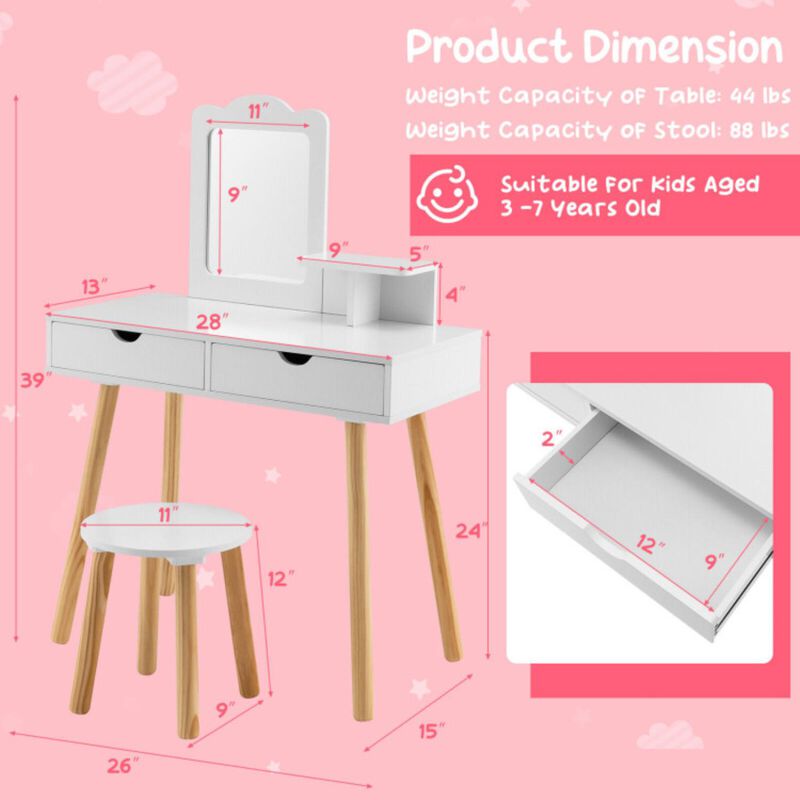 Hivvago Kid Vanity Table Chair Set with Mirror and 2 Large Storage Drawers-White