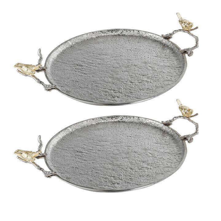 21 Inch Decorative Tray Set of 2, Perched Birds Silver Metal, Large-Benzara