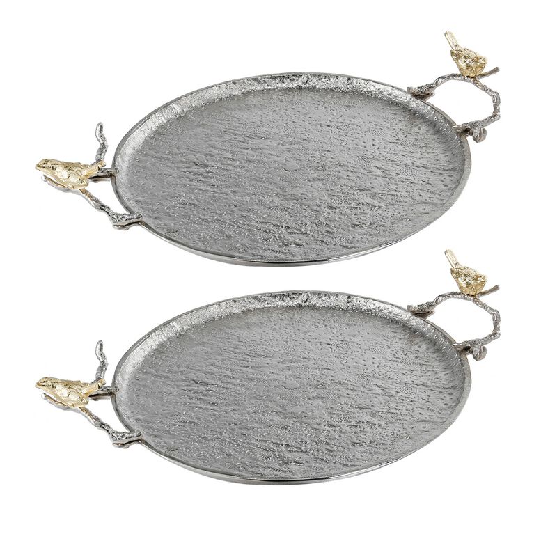 21 Inch Decorative Tray Set of 2, Perched Birds Silver Metal, Large-Benzara