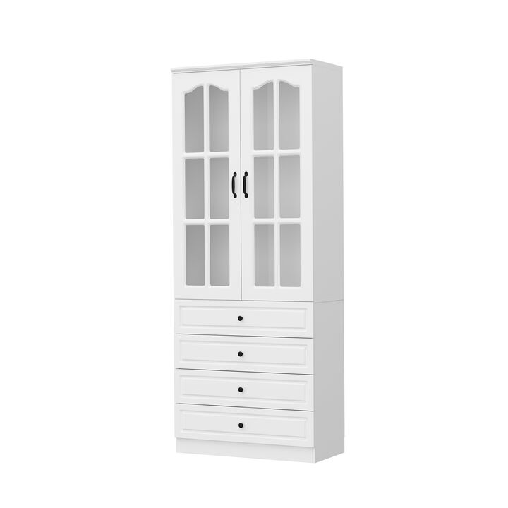 FUFU&GAGA Kitchen Pantry Cabinet with Glass Doors and Four Storage Drawers (31.5" W x 15.7" D x 78.7" H) White