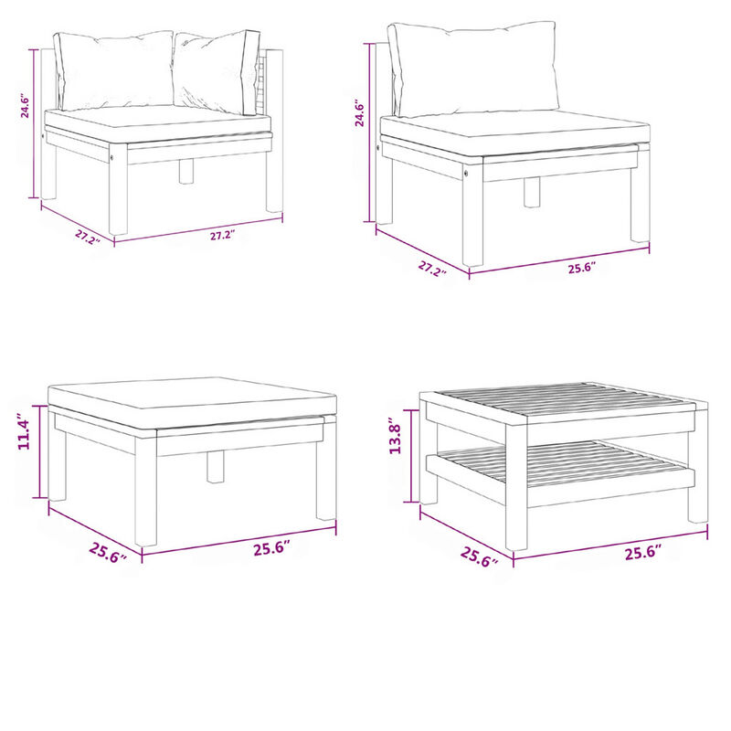 10pc Outdoor Modular Sofa Set, Coffee Table, Solid Acacia Wood, Cream - Benzara