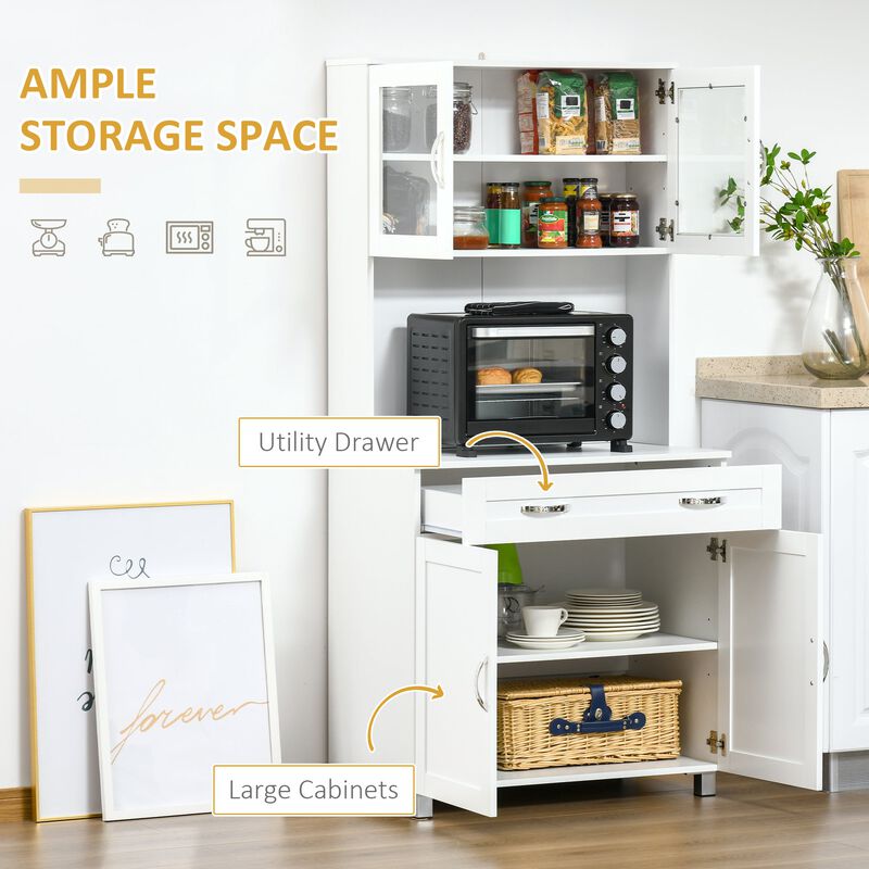 White Kitchen Tower: Tall Pantry Cabinet with Glass Doors and Drawers