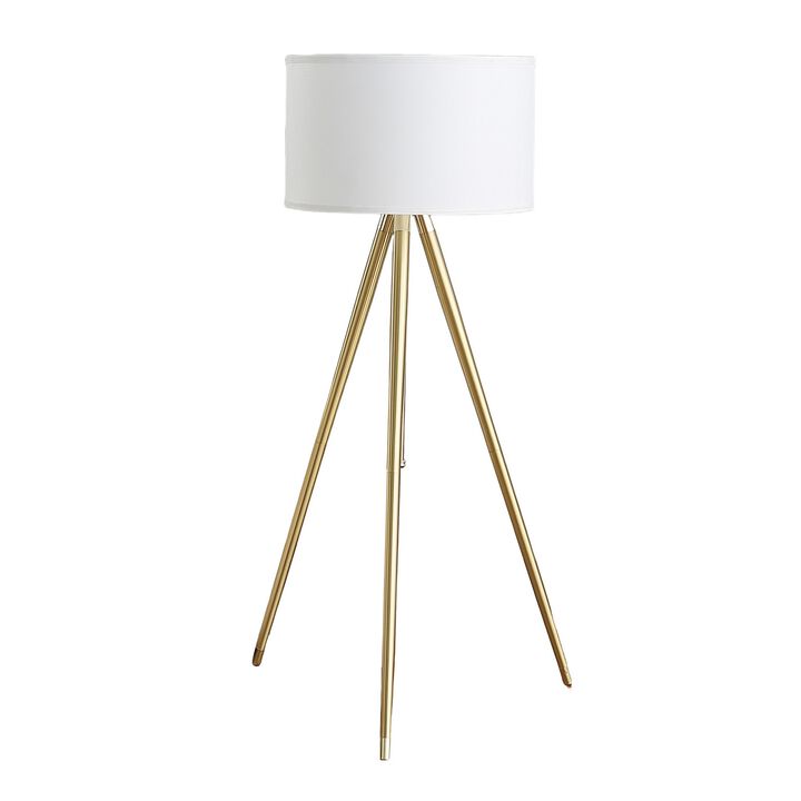Kera Floor Lamp, White Drum Shade, Brass Gold Tripod Base 64 Inch  - Benzara