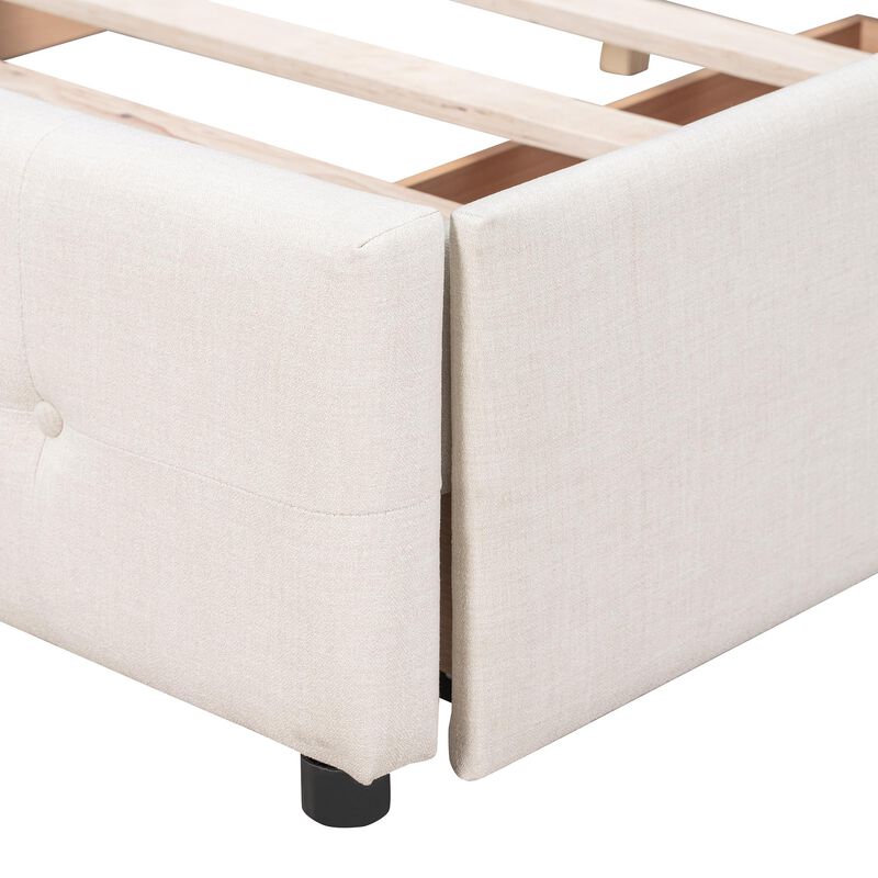 Linen Upholstered Platform Bed with 4 Drawers and Classic Headboard Design