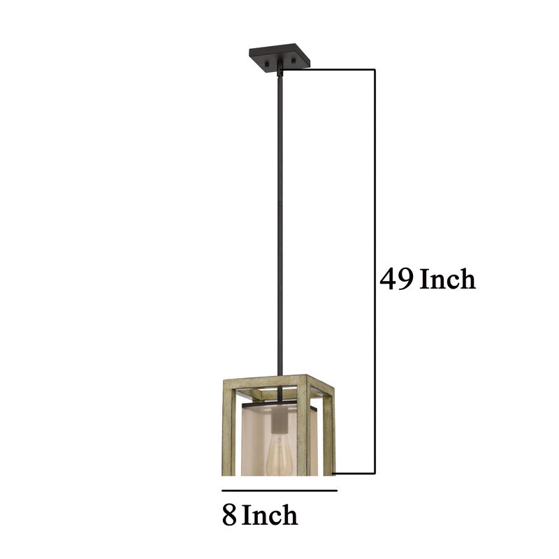 Acia 8 Inch Pendant Light, Rustic Brown Organza Shade, Wood, Metal - Benzara