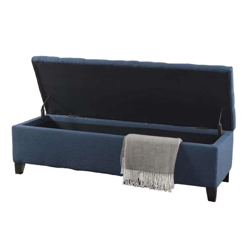 Elias Storage Bench, 51 Inch Button Tufted Blue Velvet, Solid Wood - Benzara