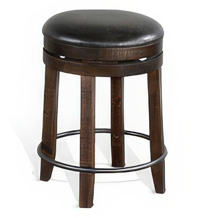 Flint Swivel Counter Stool Set of 2, Black Faux Leather, Dark Brown - Benzara