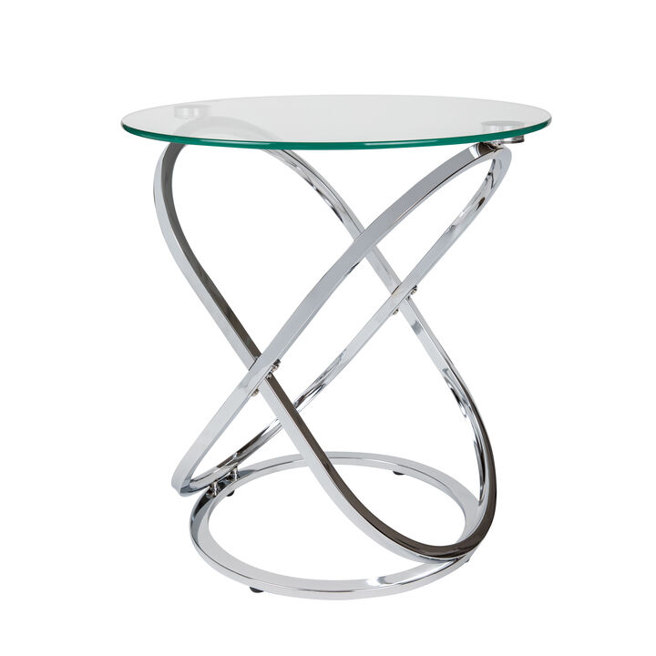 Galaxy Tempered Glass Round End Table with Cross Base Metal Frame