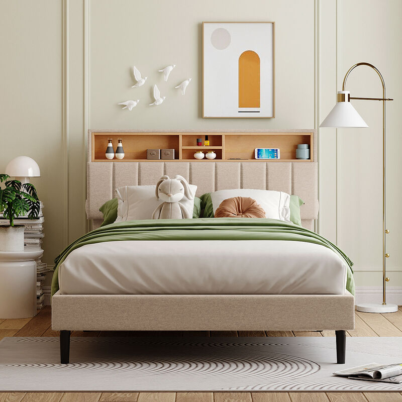 Merax Upholstered Platform Bed with Storage Headboard