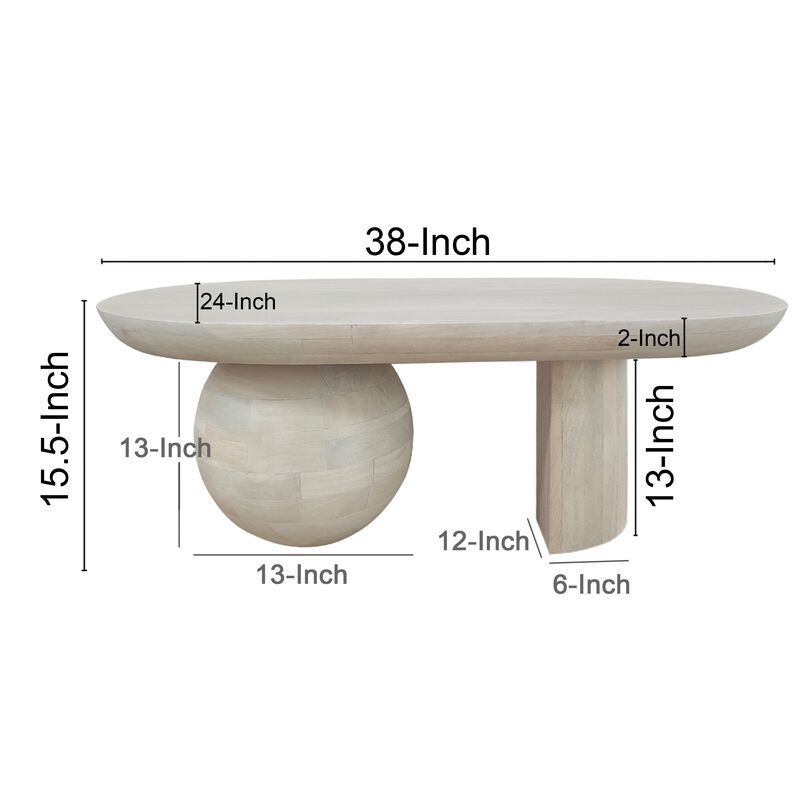 38 Inch Coffee Table, Oblong Mango Wood Top with a Modern Ball Leg, Washed White - Benzara