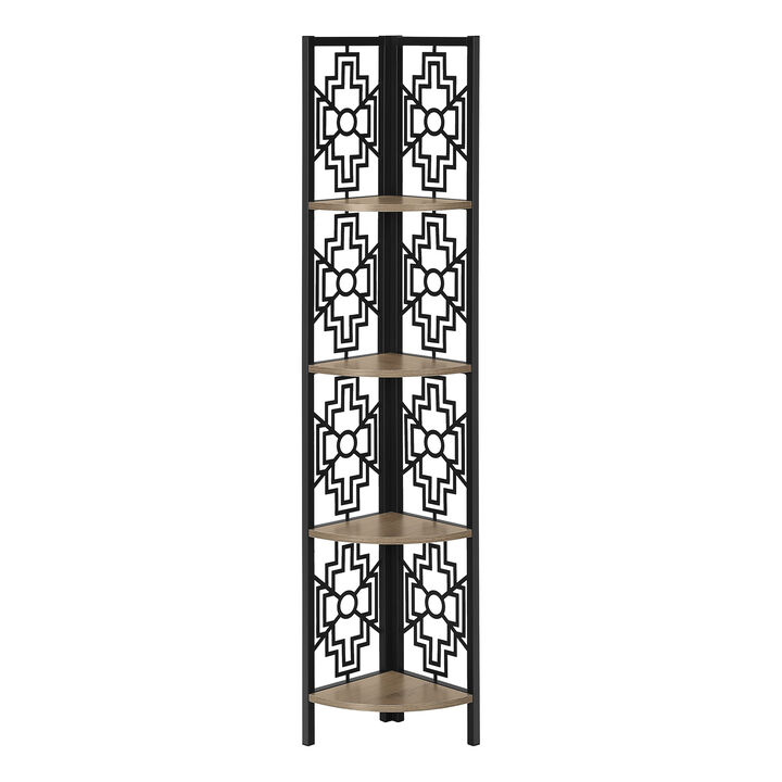 Monarch Specialties I 3621 Bookshelf, Bookcase, Etagere, Corner, 4 Tier, 62"H, Office, Bedroom, Metal, Laminate, Brown, Black, Transitional