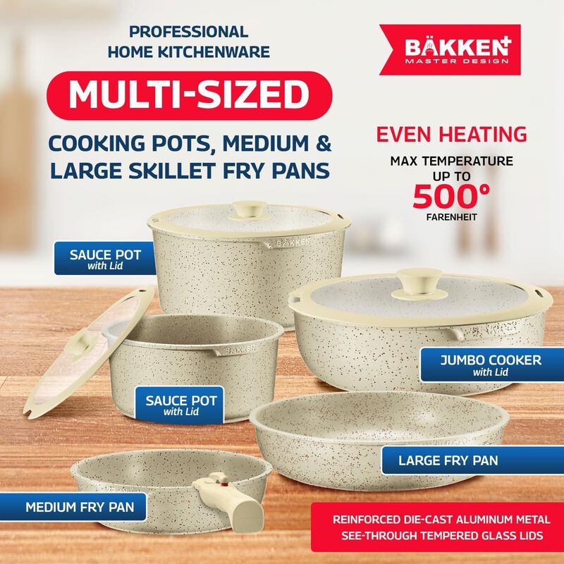 Bakken Master 38 Piece Granite Cookware and Bakeware Set – Nonstick Granite Coating, Pots and Pans with Detachable Handles and Tempered Glass Lids, 6-piece Bakeware set, 12-piece Mixing Bowls