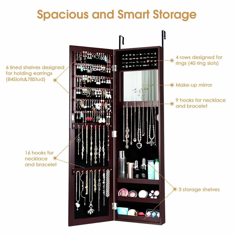 Full Length Mirror Jewelry Cabinet with Ring Slots and Necklace Hooks-Brown