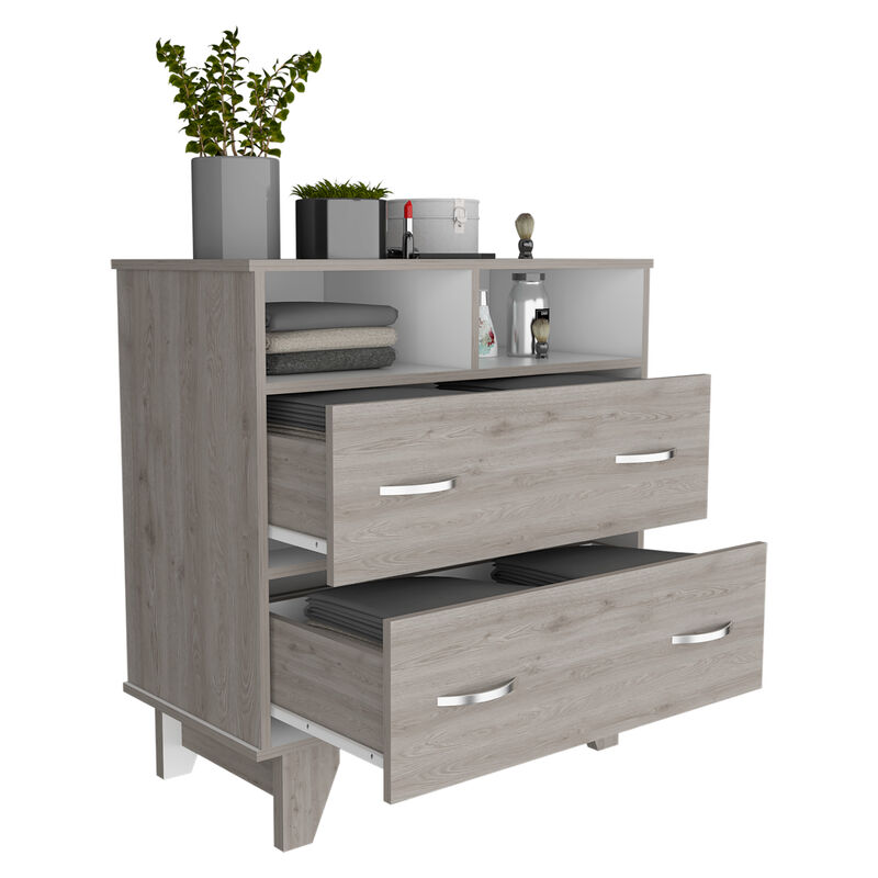 DEPOT E-SHOP Stamford Two Drawer Dresser, Four Legs, Two Open Shelves, Superior Top, Black