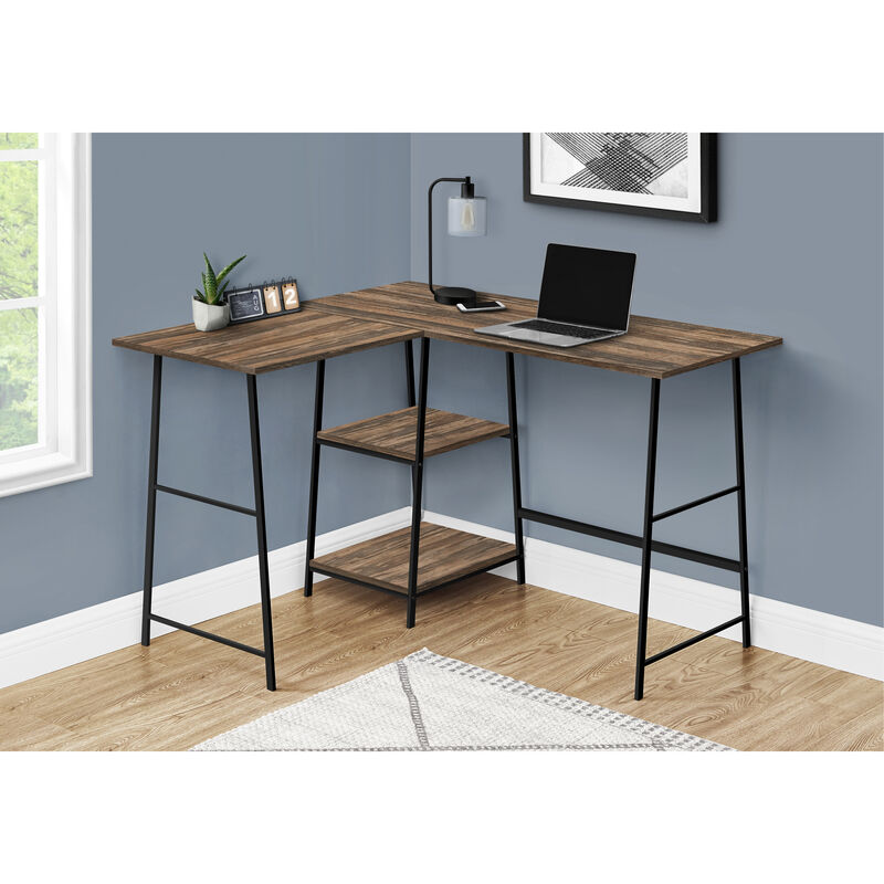 Monarch Specialties I 7593 Computer Desk, Home Office, Corner, Storage Shelves, 48"L, L Shape, Work, Laptop, Metal, Laminate, Brown, Black, Contemporary, Modern