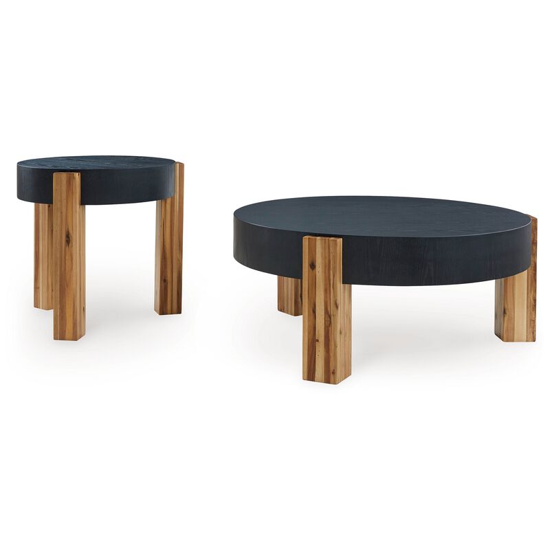 Moy 2pc Coffee and End Table Set, Round Black Textured Top, Solid Wood - Benzara