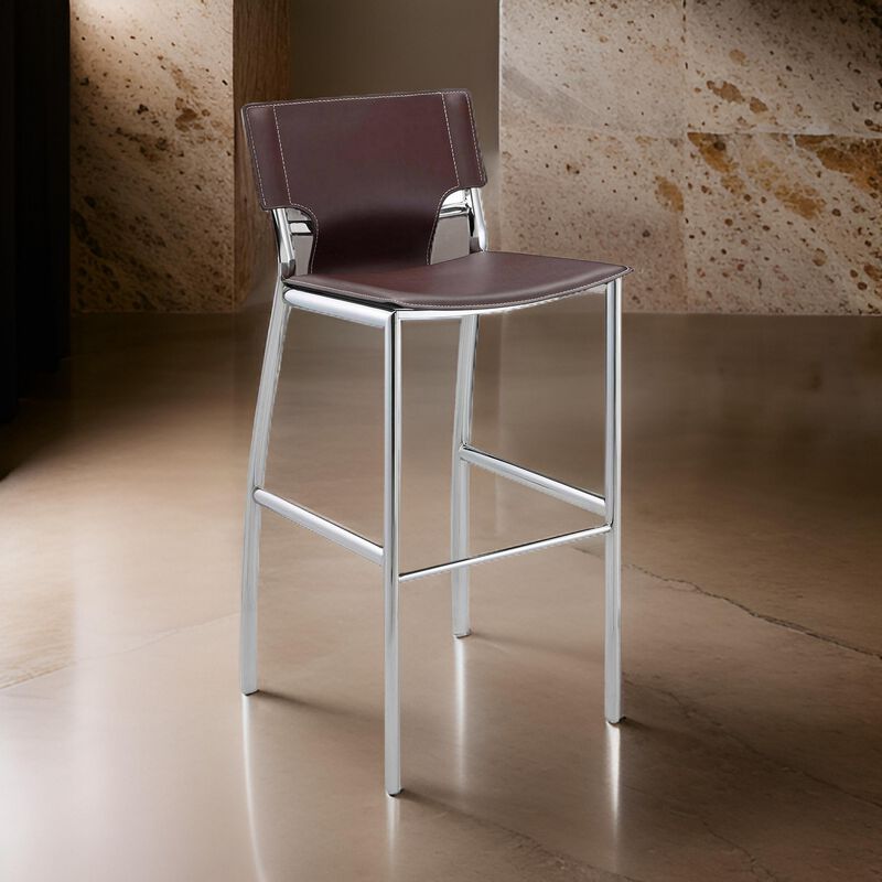 Illa 26 Inch Counter Height Chair, Set of 2, Chrome Base, Vegan Leather, Brown - Benzara